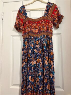 Smocked Boho Floral Maxi Dress in Red and Navy Size XL